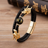 double bracelet cuir dragon or