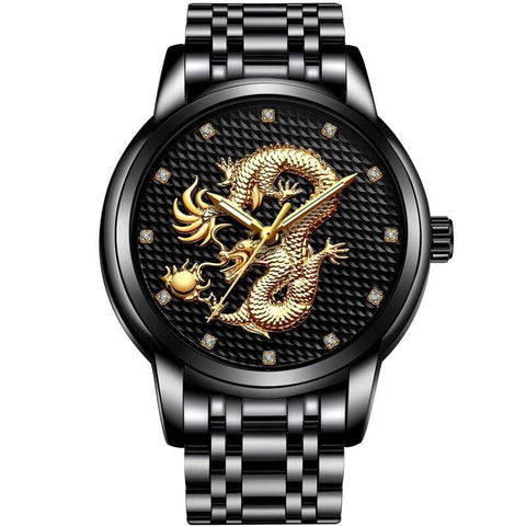 une montre noir avec un dragon sur le cadran