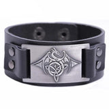Bracelet cuir noir motif dragon en argent