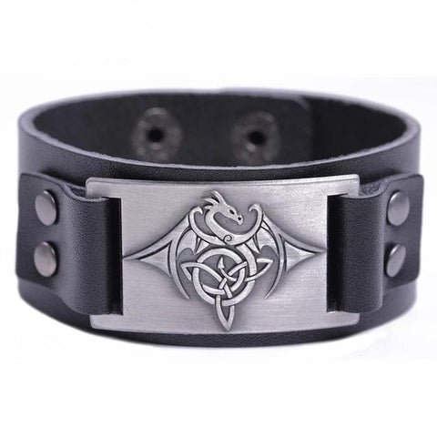 Bracelet cuir noir motif dragon en argent